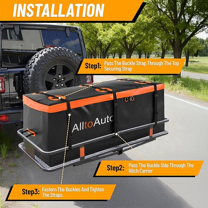 30 CuFt Waterproof Cargo Bag for Hitch Carrier | 60"x24"x36" Trailer Hitch Cargo Carrier | Weatherproof Truck Bed Storage with Straps, Lock & Carry Case | PVC Vehicle Soft-Shell Carriers