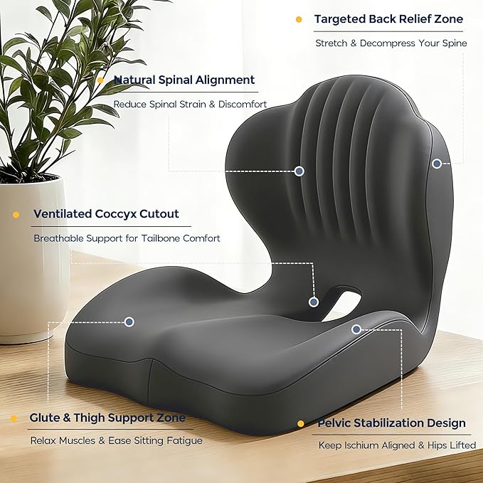 Seat Cushion for Office Chair and Car, L-Shaped Ergonomic Seat Cushions,Memory Foam Orthopedic Cushion with Coccyx Hollow,Lumbar Support & Tailbone Pain Relief for Car, Truck, Home,Gaming Chair,Gray