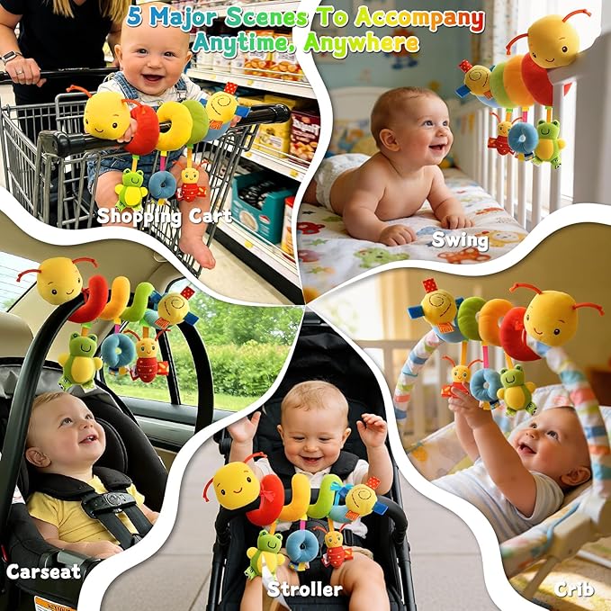 FPVERA Spiral Car Seat Toys - Baby Sensory Soft Plush Hanging Toys for 0-12 Months Stroller Crib Accessories, Essentials for Expecting Moms & Baby Shower Registry Gift