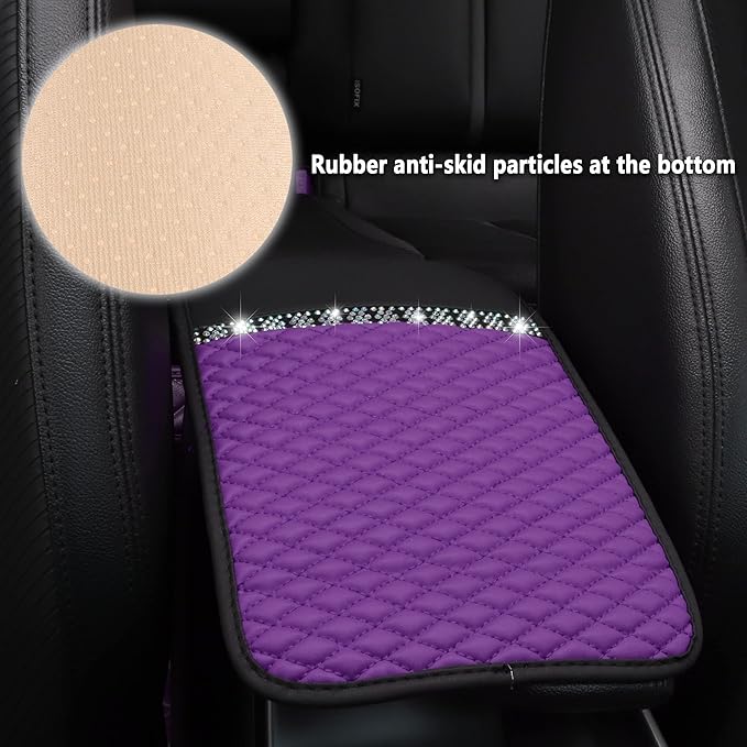 Bling Leather Car Armrest Box Cover,Car Center Console Protector with Colorful Crystal Rhinestones,Anti-Scratch Waterproof Car Armrest Seat Pad for Most Car,SUVs,Trucks (Purple)