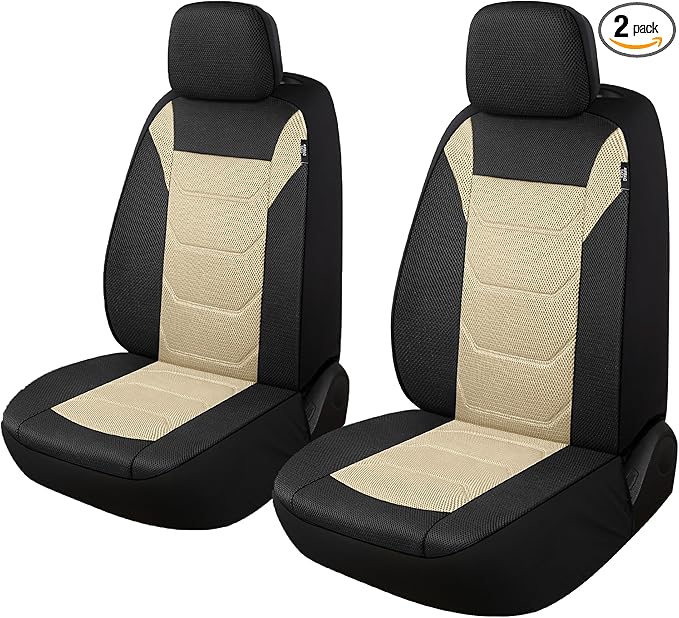 3D Air Mesh Car Seat Cover Front Sets Washable and Breathable Premium Cloth Automotive Vehicle Seat Covers for Cars Interior, Universal Fit for Most Cars, Sedan, Truck, SUV(Black/Beige)