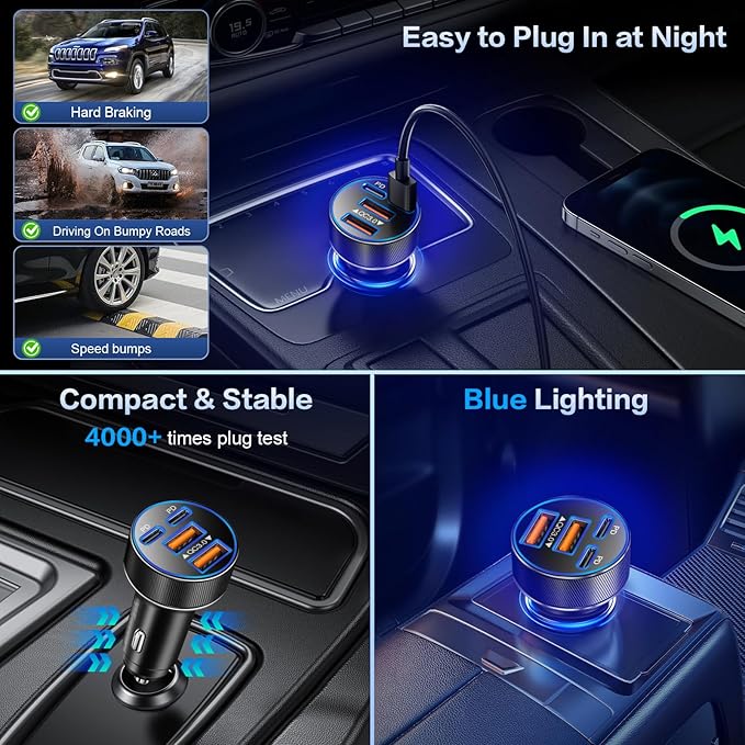 USB C Car Charger, Multi Port 90W Super Fast Charging Cigarette Lighter Adapter, 4-in-1 Dual USB-C & USB-A Car Phone Power Adapter for iPhone 17/16/15/Pro Max, iPad, Samsung Galaxy S25 (Black, 3-Pack)