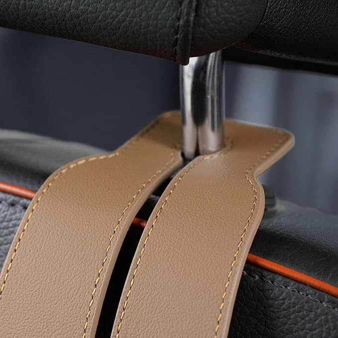 Genuine Leather Car Purse Hook - Flexible Car Seat Back Storage Hook for Purses and Bags, Universal Headrest Hooks for Car, Upgraded Car Purse Holder Hanger for Head Rest (Beige-1 Pack)