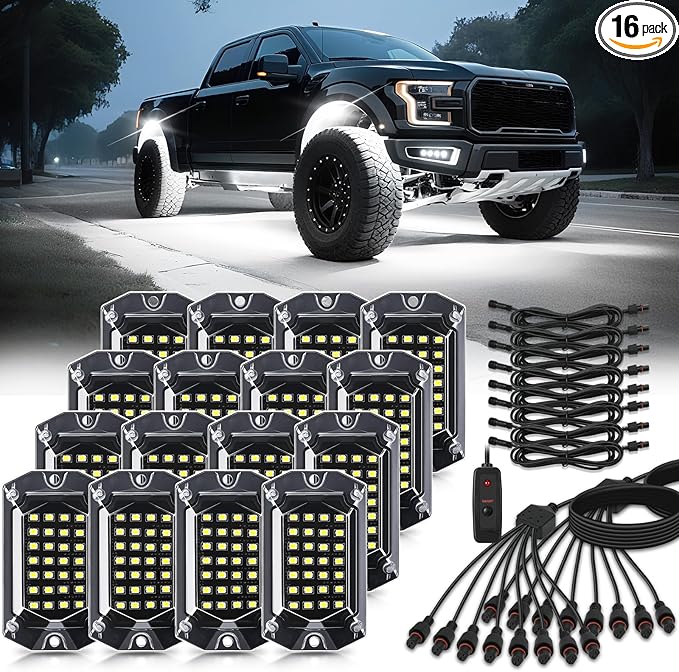 16 Pods Full Angle Pure White LED Rock Lights with Extension Wires, IP68 Waterproof 6500K 28 LEDs Super Bright White Neon Underglow Kit for Trucks Trailer Offroad Pickup Boat RV SUV UTV ATV