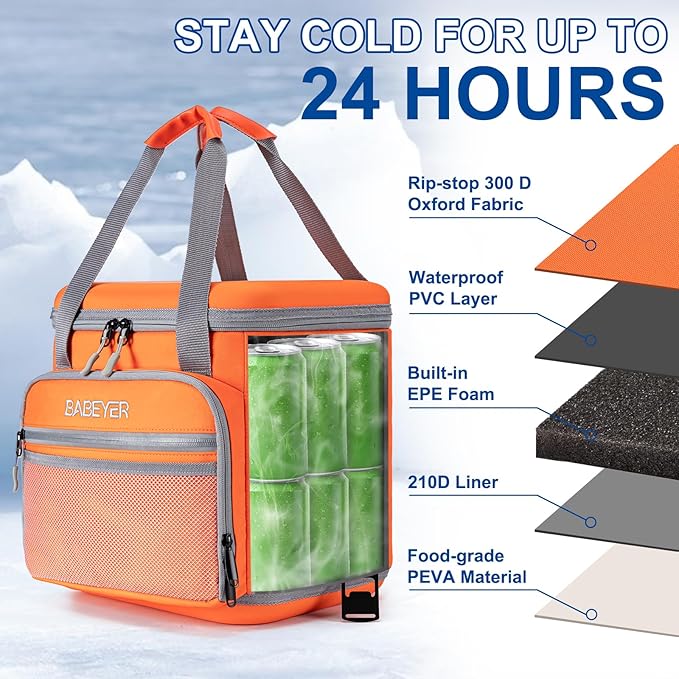 Soft Cooler Bag with Two Ice Packs,Collapsible Cooler for Travel with Adjustable Shoulder Strap,Large Capacity Leakproof Insulated Soft Sided Cooler Bag for Camping, Hiking, Picnic
