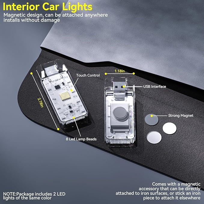 2 PCS Interior Car Lights, Portable Magnetic USB Car Atmosphere Interior Light, 8 High-Brightness LED Beads, Rechargeable Touch-Sensitive Light for Vehicles, Bedrooms, Hallways, Camping(2 Blue)