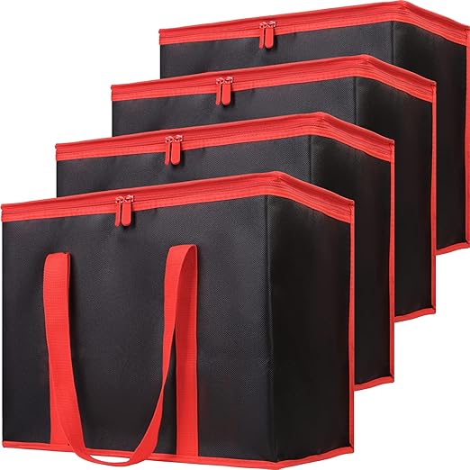 Bodaon odaon 4-Pack Insulated Reusable Grocery Shopping Bags, X-Large Picnic Cooler Bag Cold, Black with Red Edge
