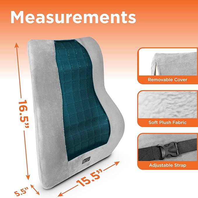 BLACK+DECKER Memory Foam Lumbar Support Pillow with Cooling Gel – High Back Lumbar Cushion for Office, Car, Wheelchair & Airplane – Ergonomic, Pain Relief, Adjustable Strap, Washable Cover,Grey/Black