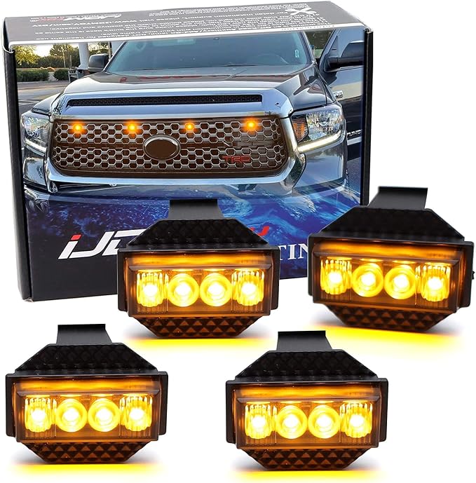 iJDMTOY 4pc Black-Out Smoked Lens Amber Yellow Full LED Front Grille Clearance Light Kit Compatible with Toyota 2018-2021 Tundra w/Honeycomb, Non-TRD, Non-Horizontal Beam Grille