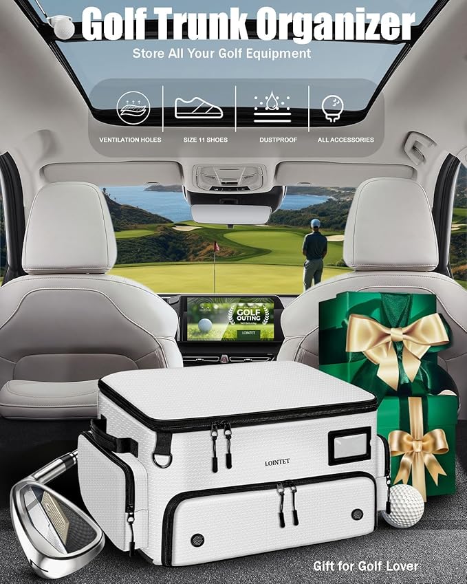 LOINTET Golf Trunk Organizer, Waterproof Car Golf Locker with Separate Ventilated Compartment for 2 Pair Shoes, Golf Storage for Balls, Tees, Cap, Clothes, Gloves, Accessories, Gifts for Men, Women