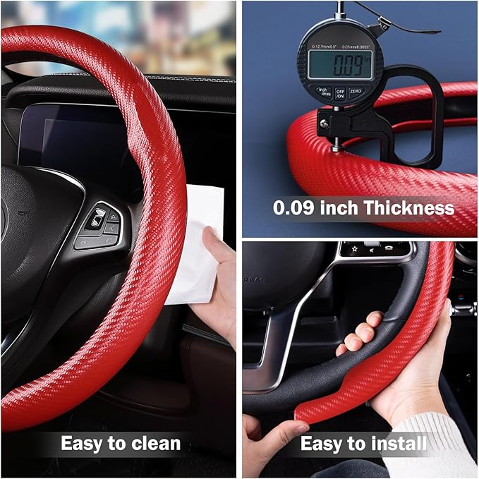 Car Steering Wheel Cover Carbon Fiber Snap On Steering Wheel Accessories Wrap 14.5-15 inch Universal Grip Anti-Skid Protector, Matte Red