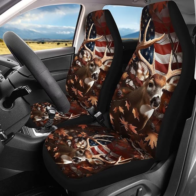 KEIAHUAN American Flag Deer Car Seat Covers for SUV/Sedan/Truck/Van Universal Fit Front and Rear Split Bench Seat Cover Set Soft and Stretchy Auto Interior Accessories Decoration