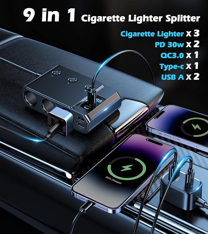 9 in 1 Cigarette Lighter Splitter, USB C Car Charger Adapter with PD30W, 3 Sockets with Independent Switches, LED Voltmeter 12V Power Outlet TSNAM