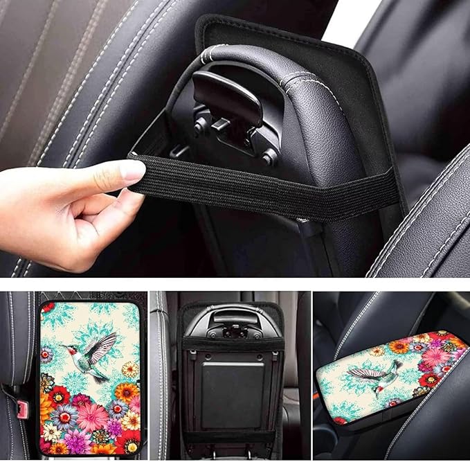 Boho Flower Hummingbird Vehicle Armrest Covers Armrest Seat Box Cover Protector Middle Storage Organizer Pad Aesthetic Interior Decor