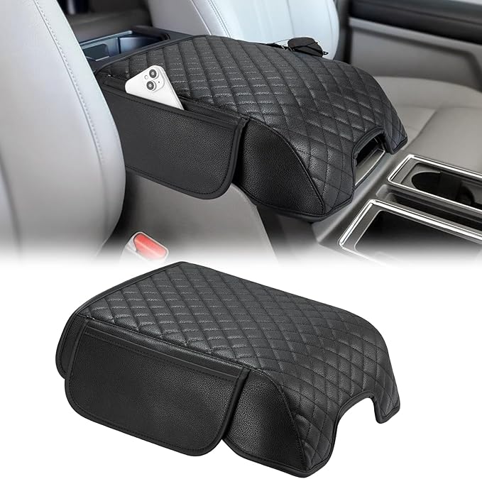 JOYTUTUS Center Console Cover Compatible with 2015-2020 F150, 2017-2022 F250 F350 F450, 2018-2024 Ford Expedition, Leather Armrest Cover Center Console Cushion with Side Pockets (Bucket Seat Only)