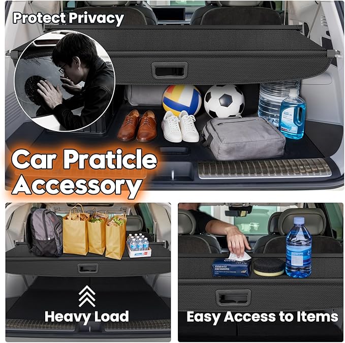 Powerty Cargo Cover for 2026 Hyundai Ioniq 9 Accessories, Carbon Fiber Trunk Cover Retractable Trunk Shielding Shade Cargo Luggage Cover Black