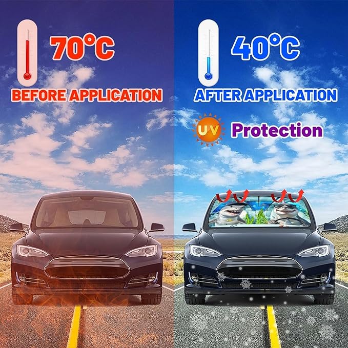 Funny Sharks Car Windshield Sunshade Umbrella Sharks Driving Sun Shade for Car Windshield Umbrella Upgraded Sunshades Blocks UV & Heat Front Window Shades for SUV Sedan Auto