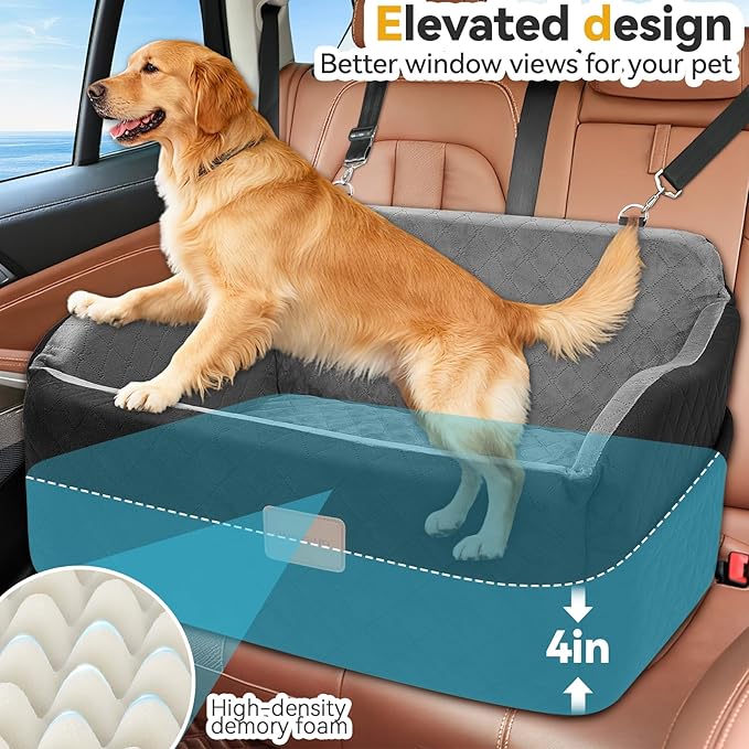 Dog Car Seat for Medium/Large Dogs, Memory Foam Pet Booster Seat for Under 55 lbs or 2 Small Dogs, Detachable Dog Car Bed for Backseat with 2 Safety Leashes and Pockets(Black/Grey, Large)