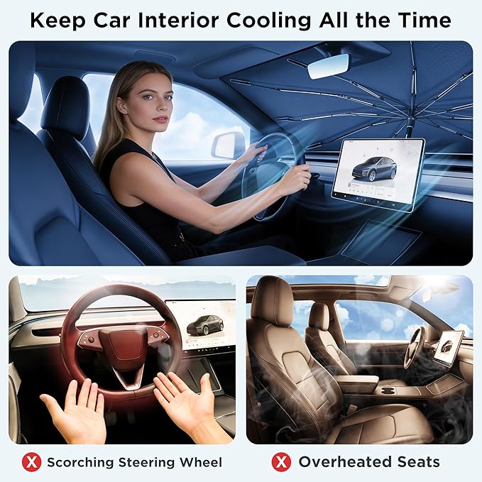 2026 Upgraded Windshield Sun Shade Umbrella [7-Layer Vinyl Coating Heat Shield] Foldable Front Window Sunshade Umbrella Flexible Handle Protect Interior from UV Keep Car Cooler (61" x 34.5")