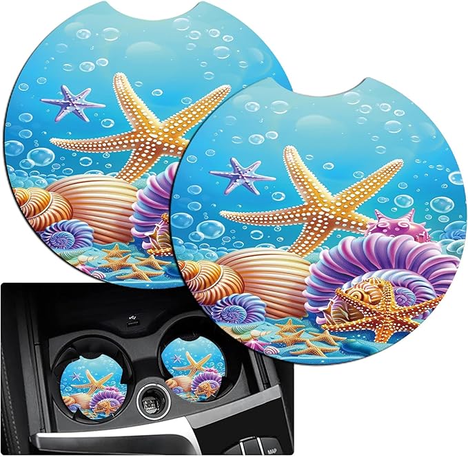 Car Armrest Cover Pads Universal Fashion Cute Auto Center Console Armrest Cover Pad with 2PCS Car Coasters Soft Waterproof Car Armrest Seat Protector for Women, Sea Shells Starfish