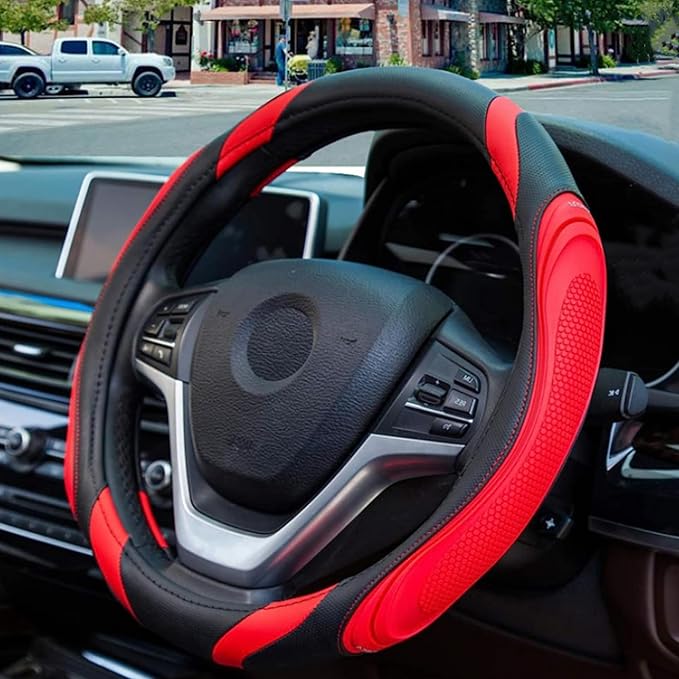 Car Steering Wheel Cover, 15 Inch Leather Breathable Anti-Slip Soft Steering Wheel Protector for Men and Women, Universal Car Accessories for SUV, Truck, RV (Red)