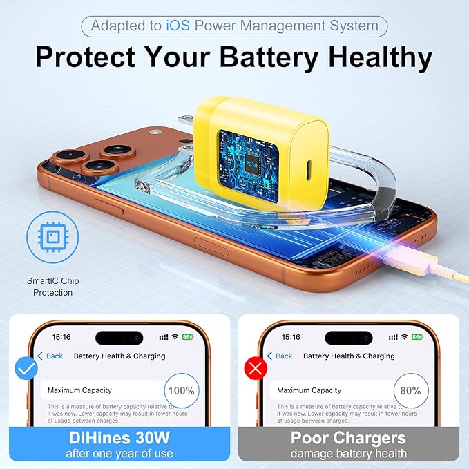 Phone 17 16 15 Charger Fast Charging,30W USB C Phone 17 16 15 Pro Max Charger Block &10FT Long Type C Cable Cord for i.Phone 17/Air/17 Pro/17 Pro Max/16/16 Plus/16 Pro/16 Pro Max/15/15 Pro Max,Yellow