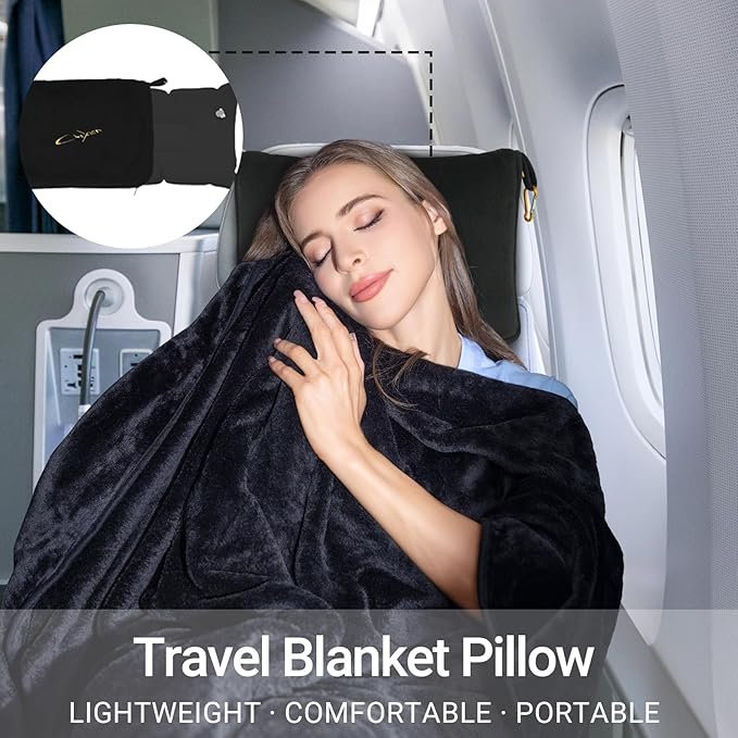 Airplane Travel Blanket with Pillow,300 GSM Soft Fleece Compact Blanket with Carry Bag,Lightweight Travel Blanket for Flights,Black