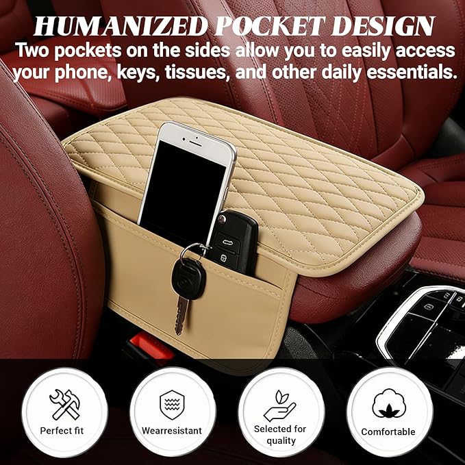 Car Center Console Cover, Upgraded Microfiber Car Armrest Cover Cushion, with 2 Storage Bags Scratch, Resistant Leather Cars Armrest Storage Box Universal Vehicles Accessories (Beige)