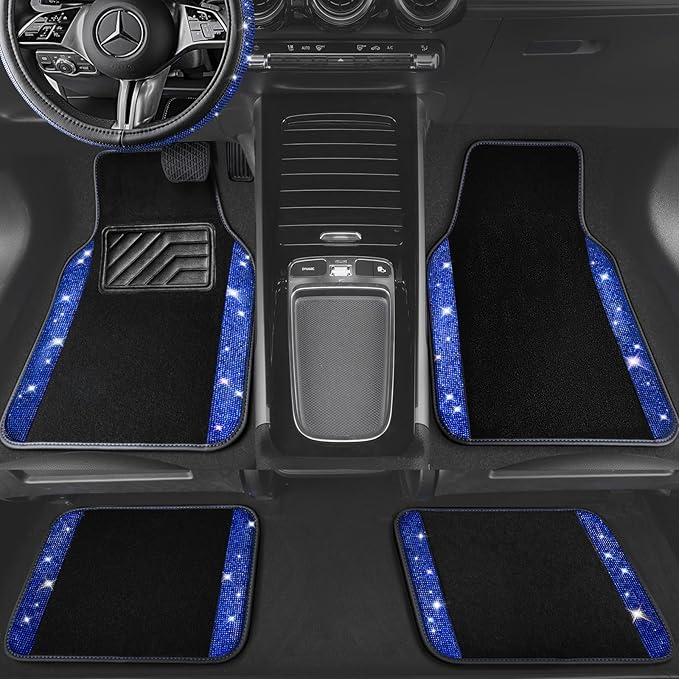 CAR PASS Bling Rhinestones Diamond Car Floor Mat,Sparkly Glitter Shining Crystal Carpet Anti-Slip PVC Heel Pad Waterproof Universal for Automotive SUV,Sedan,Van,4pcs Girl Pretty Women Men Black Blue