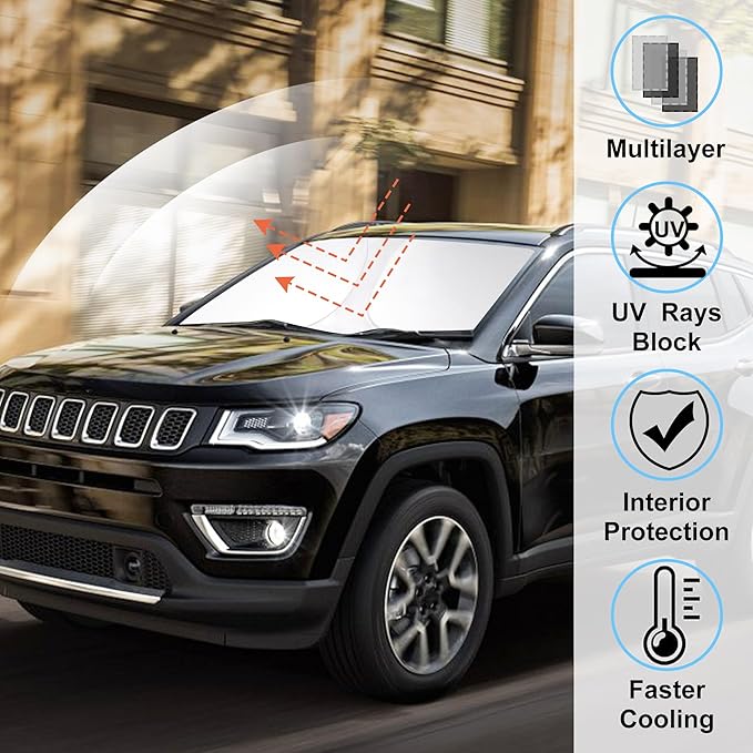 Windshield Sun Shade Custom Fit for 2017-2024 2025 Jeep Compass Accessories Foldable Sunshade Sun Blocker Protect Car from Sun Rays & Heat Damage Keep Car Cooler