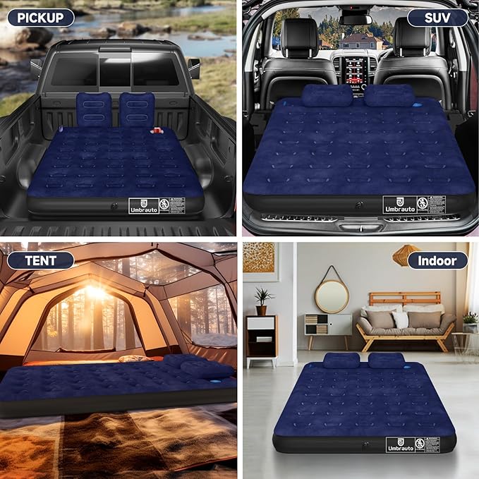 Truck Bed Air Mattress for Ford F150/Chevy Silverado/Dogde Ram/GMC Sierra/Toyota Tundra/Nissan Titan Outdoor Travel Camping, Universal Flocked Airbed Fits 5.5-6.8ft Full Size Pickup w/ Pump&Carry Bag