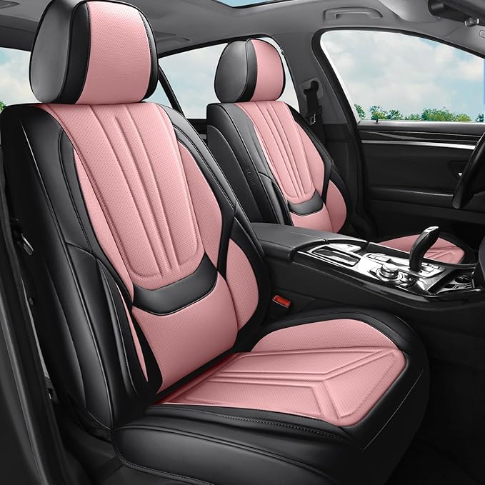 Car Seat Covers, Premium Leather Car Seat Covers, Waterproof and Breathable Seat Covers, Universal Car Seat Protector Fit for Cars, Trucks, SUVs, Pick-ups (Black & Pink, FullSet)