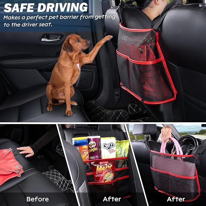 eing Car Seat Organizer Seat Back Storage Bag, Car Net Pocket Handbag Holder, Barrier of Backseat Dog Pet Kids for Car, Automotive Consoles Purse Holder, Black+Red Line