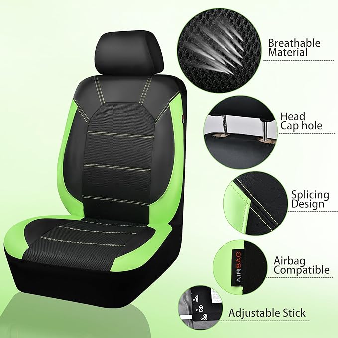 CAR PASS Luminous Green Leather seat Covers Universal Sport car seat Cover, 5mm Composite Sponge Inside, Airbag Compatible fits Most Cars, SUVs,Trucks,Vans (Full Set,Black with Green)