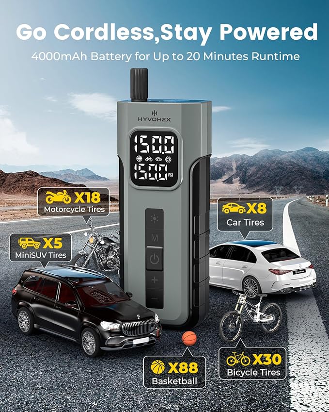 Tire Inflator Portable Air Compressor, 1 Min Fast Inflation Cordless Bike Pump with Digital Pressure Gauge LED Light, 150 PSI Electric Air Pump for Car Tires, Bicycle, Motorcycle, Ball (Grey)