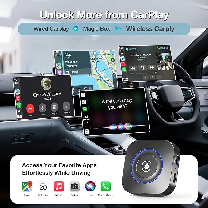 Magic Box Wireless CarPlay Adapter, 2026 AI Box Android Auto Supports Strea-ming Video for TikTok/YouTube, USB for Offline Media, Screen Mirroring Car Adapter for Factory Wired Car Play