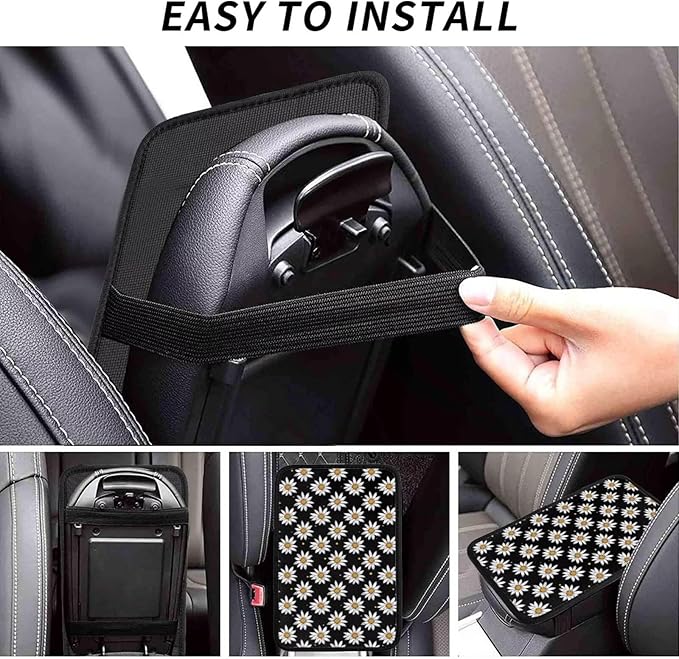 Daisy Car Center Console Cover Floral Wildflower Cute Polyester Armrest Pad Cushion Automotive Cars Center Console Lid Protector Black Car Decor Accessories