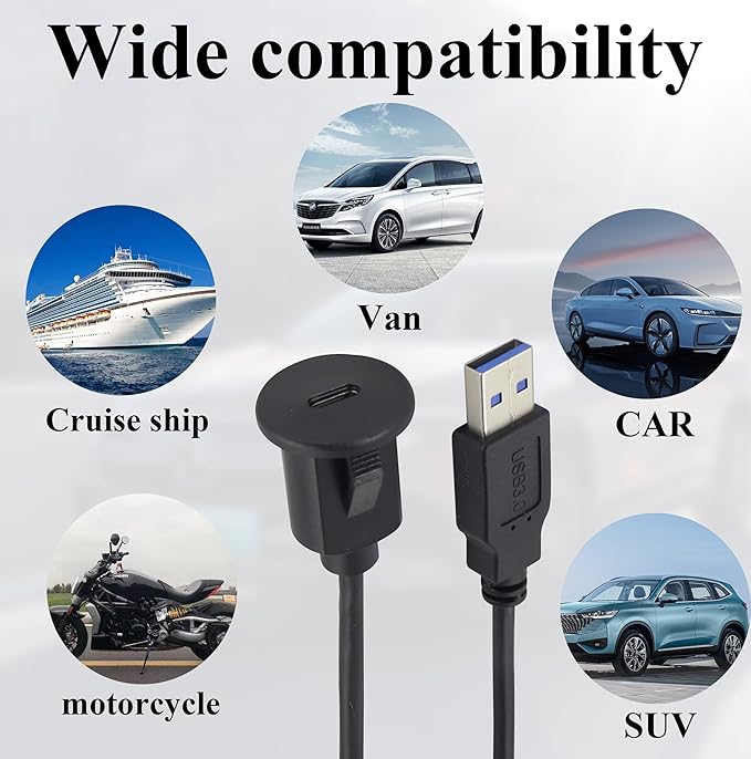 zdyCGTime USB C to USB 3.0 A Threaded Flush Mount Waterproof Cable Adapter USB 3.0 Male to USB C Female Panel Mount Extension Cable, for Car Boat Truck Yacht Motorcycle, (1.5M/5Ft)