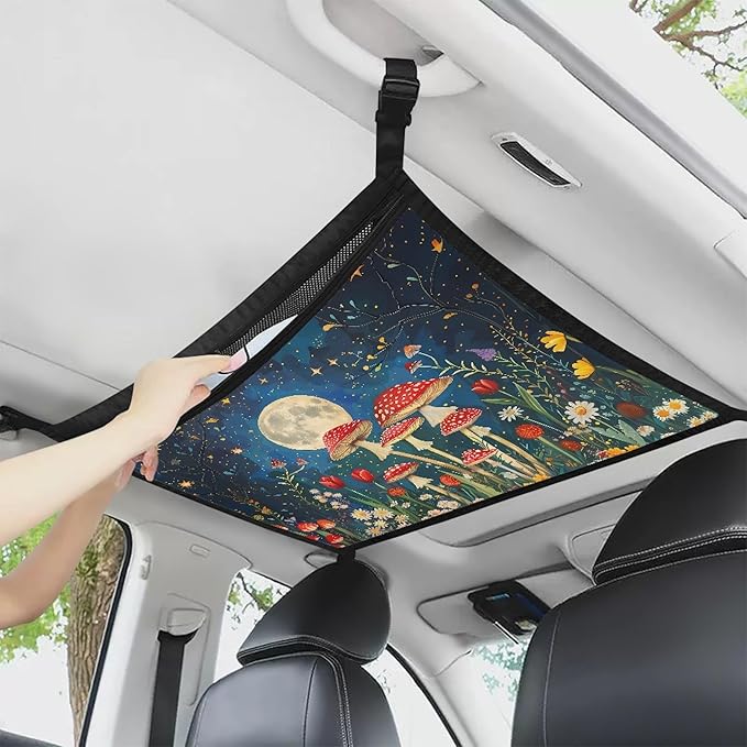 NDISTIN Aesthetic Mushroom Car Ceiling Cargo Net for SUV Adjustable Buckle Roof Net for Inside Car Moon Car Ceiling Storage Net Car Roof Storage Organizer Placing Children's Toys