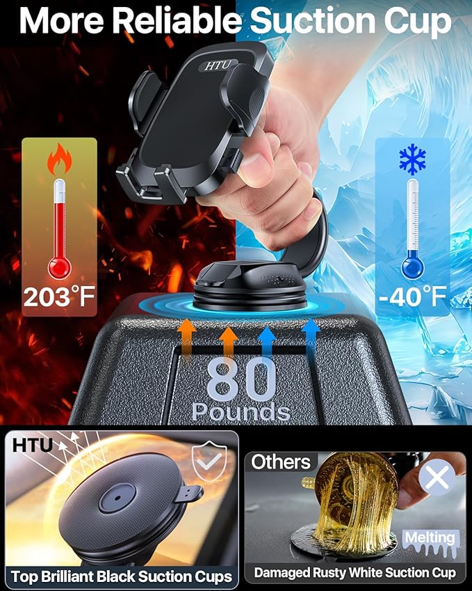 HTU [True Military-Grade Car Phone Holder [2025 Upgraded Strongest Suction & Vent Clip] Cell Phone Car Mount for Dashboard Windshield Vent Truck Cradle Dash Stand,(Black)