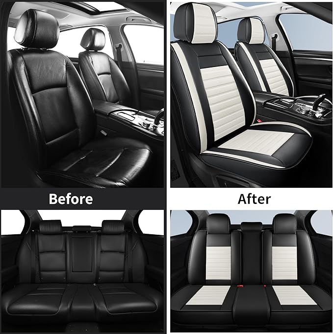 Car Seat Covers Full Set, Breathable Nappa Leather Seat Covers, Horizontal Stripes Automotive Seat Covers, Universal Seat Cushions for Sedan SUV Truck (5 PCS Full Set, Black + Cream)