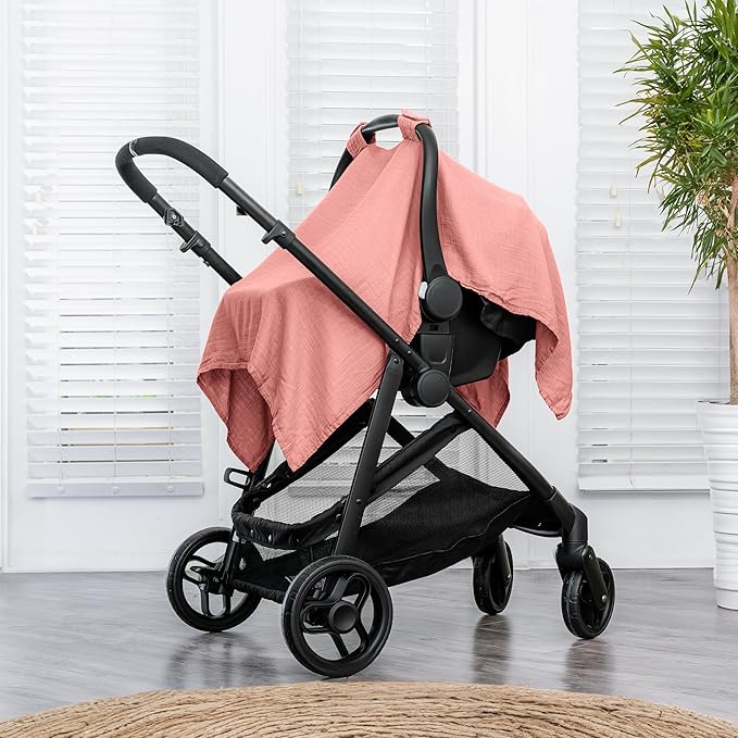Comfy Cubs Baby Car Seat Cover - Soft, Breathable Bamboo Rayon and Muslin Cotton Blend - Lightweight Canopy for Sun, Bug, and Comfort Protection - Large Size Infant Seat Cover in Dusty Rose Design