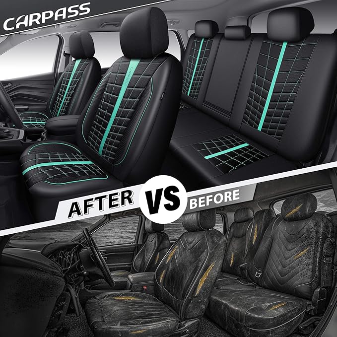 CAR PASS 3D Foam Mesh Leather Car Seat Covers Full Set, Breathable Premium Leather Seat Covers for Car,Anti Slip Universal Fit for Trucks Cars Sedans Vans SUVs, Airbag Compatible, Black Mint