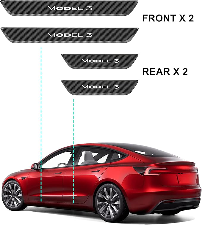 LED Door Sill Lights for Tesla Model 3 2017-2025 Accessories, ABS Scratch-Resistant Sill Protector with 7-Color RGB Lighting, Battery Powered Model 3 Pedal Mood Lamp, Carbon Fiber, 4PCS