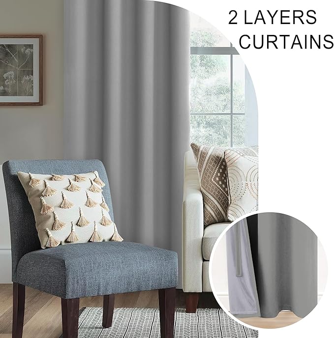 XWZO Full Shading Blackout Curtains 84 Inches Length with Tiebacks- Heat and Light Blocking Ring Top Window Drapes with Black Liner for Bedroom/Kid's Room, Light Grey, W70 x L84, Set of 2 Panels