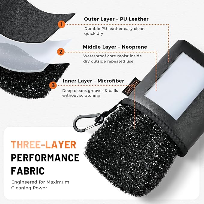 Teccom Golf Club and Ball Cleaning Bag, Golf Cleaner Pouch with Three-Layer Waterproof Fabric Technology, Microfiber Layer, Neoprene, PU Leather Exterior, Detachable Clip, Golfer Gift