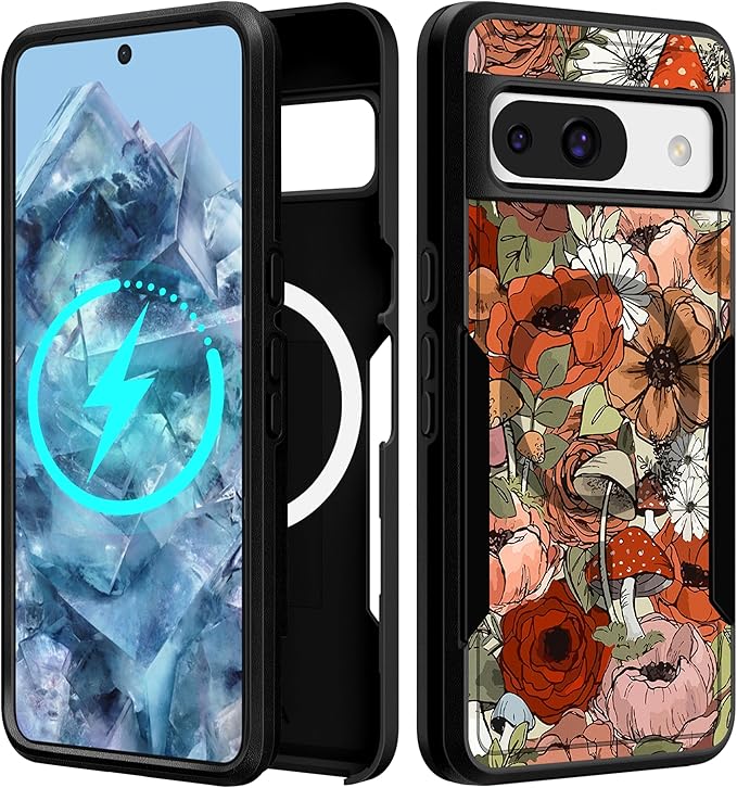 for Google Pixel 8A Case 6.1 Inch - Compatible with MagSafe Women Girls Cute Magnetic Protective Cover Girly Mushroom Flower Heavy Duty Shockproof Design for Google Pixel 8A Phone Cases