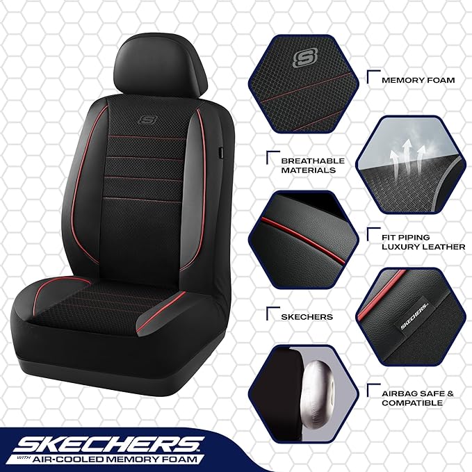 Skechers Air-Cooled Memory Foam Seat Covers,Mesh Thick Car Seat Covers,Piping Leather Car Seat Cover Full Set,Airbag Compatible,Automotive Comfort Universal Fit Most Cars,Vans,Trucks,SUV,Red