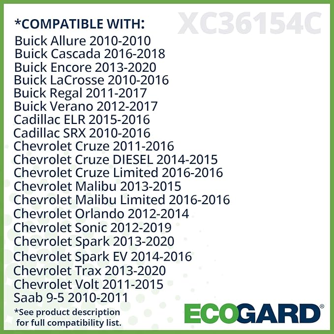 ECOGARD XC36154C Premium Cabin Air Filter with Activated Carbon Fits 2022-2025 Chevrolet Captiva, 2011-2015 Cruze, 2013-2022 Trax, 2013-2022 Buick Encore, 2013-2015 Chevrolet Malibu (Pack of 6)