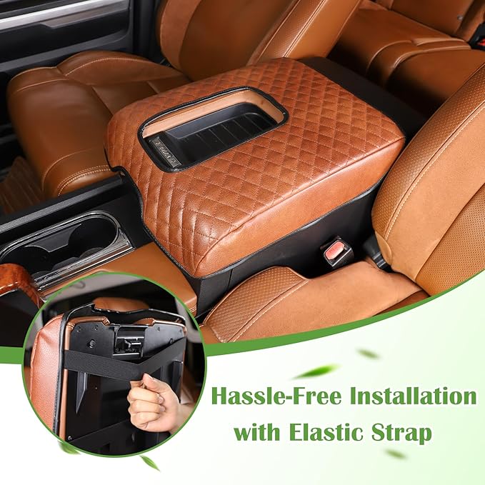 LLKUANG Car Center Console Armrest Cover Pad Fit for Toyota Tundra 2007-2021 Waterproof Leather Seat Armrest Box Cushion Pad Protector (Brown)